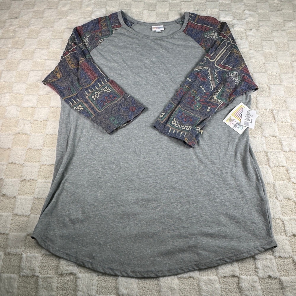 LuLaRoe Randy 2XL Gray Raglan Baseball Tee Multi-Color Geometric Pattern NWT